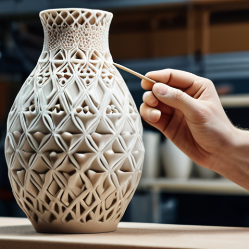 Home 4 **
A ceramic artist using a 3D printer to create intricate designs on a vase in a modern workshop setting. Focus on the contrast between the technological and artistic elements, highlighting the delicate patterns being formed by the printer. The color palette should be bright and inviting.
**