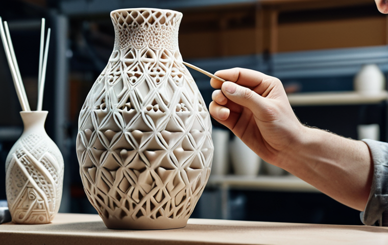 **
A ceramic artist using a 3D printer to create intricate designs on a vase in a modern workshop setting. Focus on the contrast between the technological and artistic elements, highlighting the delicate patterns being formed by the printer. The color palette should be bright and inviting.
**