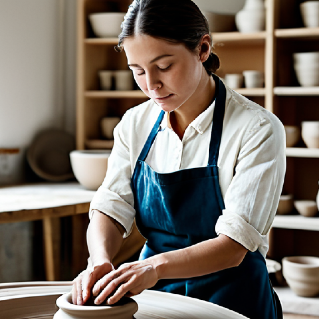A female artisan in modest work attire and an apron, deeply focused as her well-formed hands gently shape clay on a spinning pottery wheel. The scene is a serene, well-lit ceramics studio with natural light and blurred shelves of drying pieces in the background. Professional photography, high detail, perfect anatomy, correct proportions, natural pose, fully clothed, appropriate attire, safe for work, appropriate content, family-friendly.