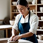A female artisan in modest work attire and an apron, deeply focused as her well-formed hands gently shape clay on a spinning pottery wheel. The scene is a serene, well-lit ceramics studio with natural light and blurred shelves of drying pieces in the background. Professional photography, high detail, perfect anatomy, correct proportions, natural pose, fully clothed, appropriate attire, safe for work, appropriate content, family-friendly.