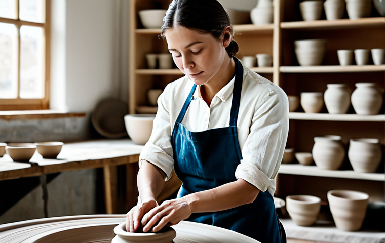 A female artisan in modest work attire and an apron, deeply focused as her well-formed hands gently shape clay on a spinning pottery wheel. The scene is a serene, well-lit ceramics studio with natural light and blurred shelves of drying pieces in the background. Professional photography, high detail, perfect anatomy, correct proportions, natural pose, fully clothed, appropriate attire, safe for work, appropriate content, family-friendly.