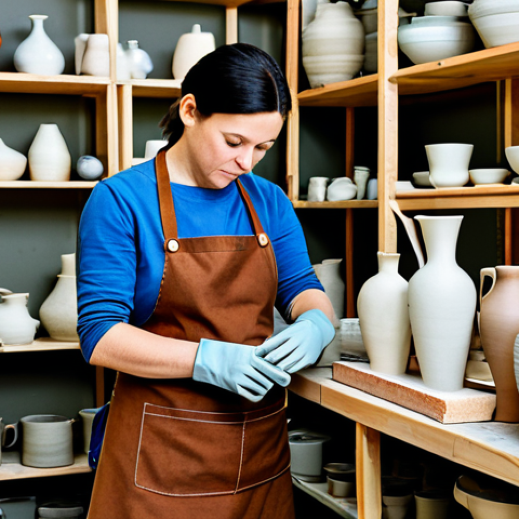 Ceramic Artist's Studio**
"A professional ceramic artist in a clean and organized studio, wearing a modest apron and gloves, carefully examining a freshly fired vase. Background includes shelves with various ceramic pieces, tools, and a kiln. Natural lighting, professional photography, high quality, perfect anatomy, correct proportions, fully clothed, appropriate attire, safe for work, family-friendly."
**