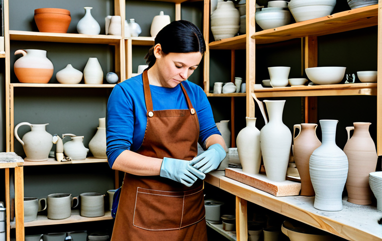 Ceramic Artist's Studio**
"A professional ceramic artist in a clean and organized studio, wearing a modest apron and gloves, carefully examining a freshly fired vase. Background includes shelves with various ceramic pieces, tools, and a kiln. Natural lighting, professional photography, high quality, perfect anatomy, correct proportions, fully clothed, appropriate attire, safe for work, family-friendly."
**