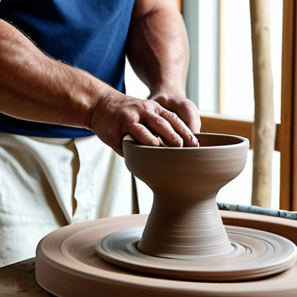 Pottery Wheel Demonstration**

"A skilled ceramicist demonstrating the art of pottery wheel throwing in a bright, airy studio. The artist is fully clothed in professional attire, hands gently shaping clay on a spinning wheel. Various tools and finished pottery pieces are visible in the background. safe for work, appropriate content, fully clothed, professional photography, perfect anatomy, natural proportions, well-formed hands, proper finger count, family-friendly"

**