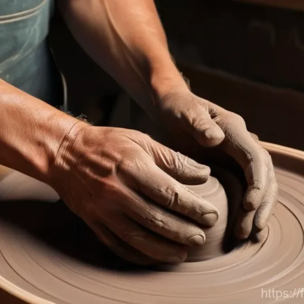 세라믹 디자인 창의성 기법 - **"Renouer avec la Terre: Hands on the Wheel"**
    A close-up, warm-toned photograph of a ceramist'...