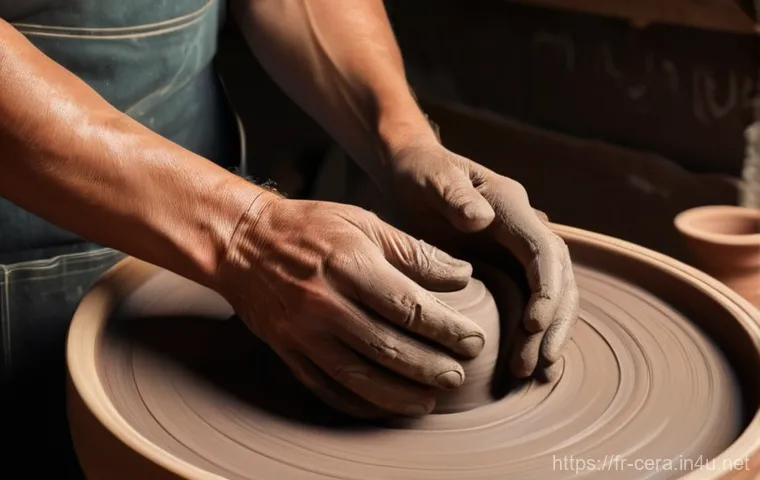 세라믹 디자인 창의성 기법 - **"Renouer avec la Terre: Hands on the Wheel"**
A close-up, warm-toned photograph of a ceramist'...