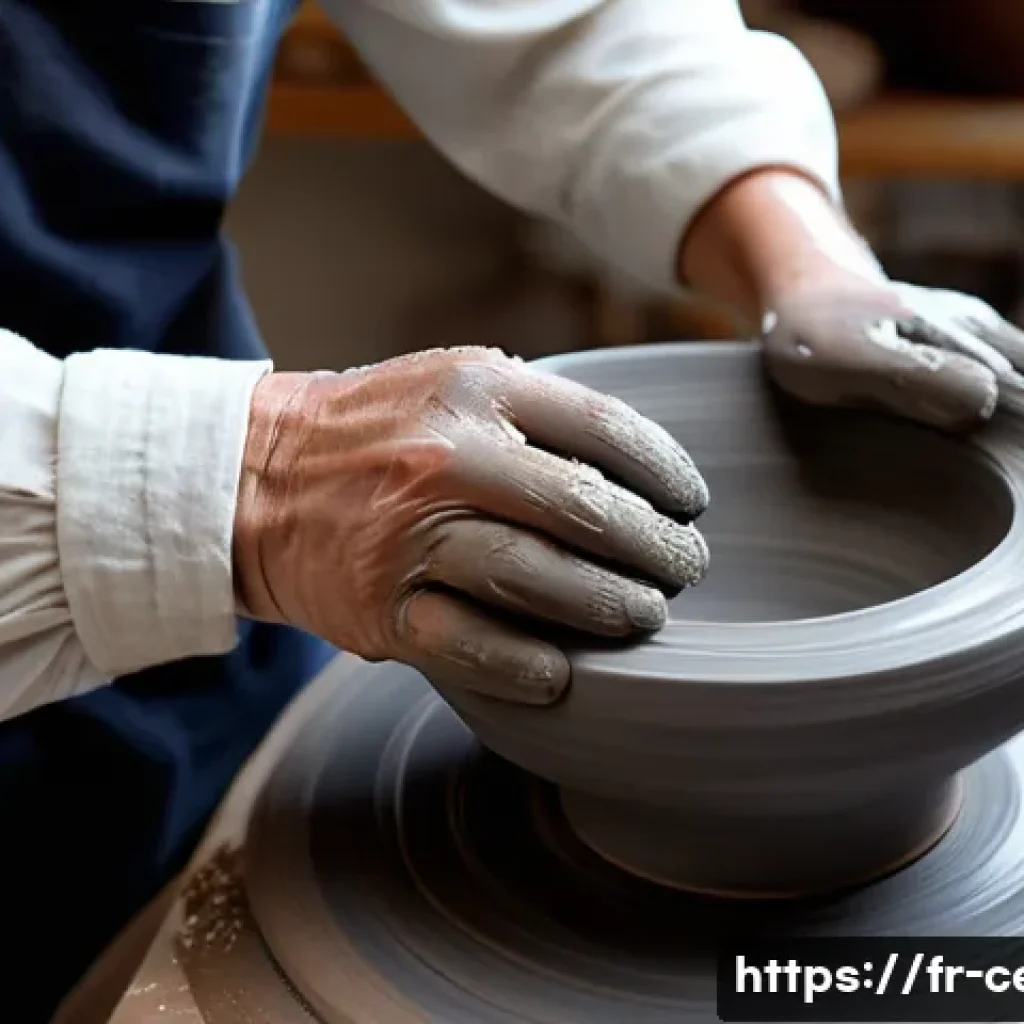 세라믹 전문 기술 교육 - A close-up shot of an artist's hands, covered in wet gray clay, gracefully shaping a delicate cerami...