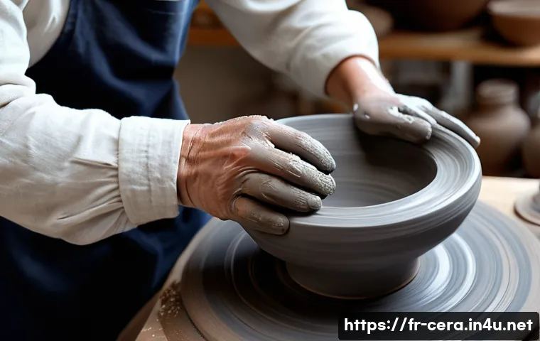 세라믹 전문 기술 교육 - A close-up shot of an artist's hands, covered in wet gray clay, gracefully shaping a delicate cerami...