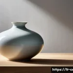 미술세라믹 디자인 이론 - A refined porcelain ceramic piece displayed on a minimalist wooden table, showcasing delicate transl...