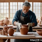 미술세라믹 실무 경험 - A serene pottery studio scene featuring a skilled artisan shaping a symmetrical clay vase on a tradi...