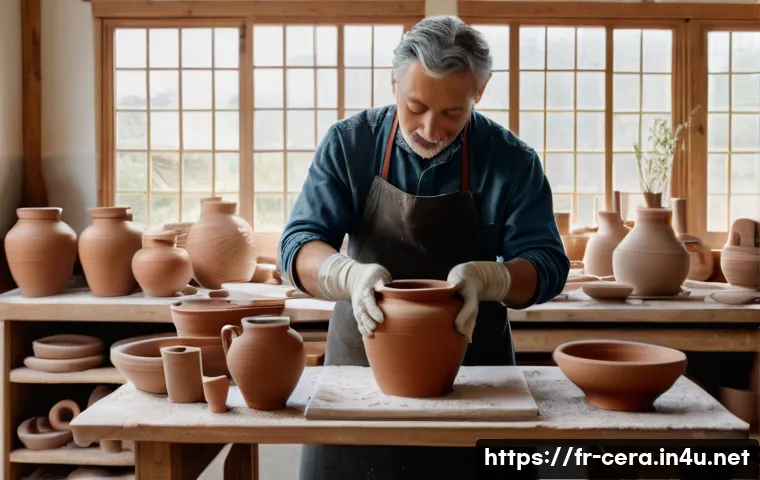 미술세라믹 실무 경험 - A serene pottery studio scene featuring a skilled artisan shaping a symmetrical clay vase on a tradi...