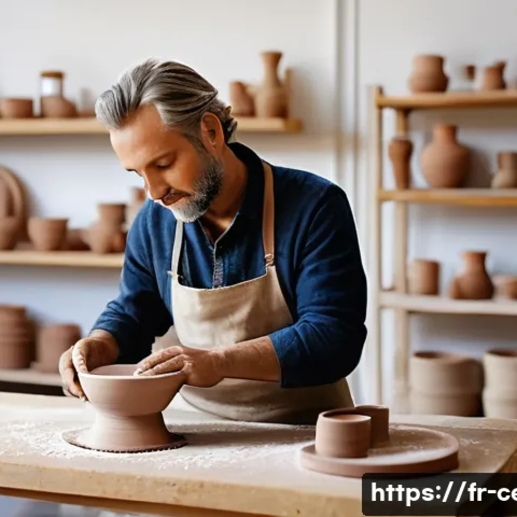 세라믹 분야 연봉 협상 꿀팁 - A skilled ceramic artisan workshop scene in a bright, modern French studio, showcasing a craftsman w...