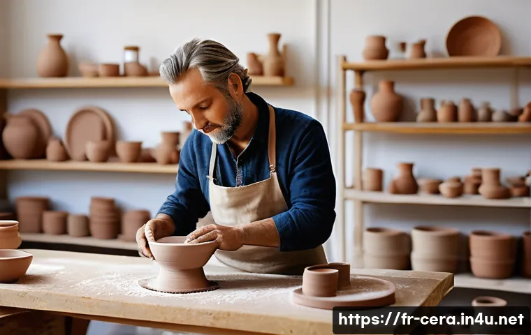 세라믹 분야 연봉 협상 꿀팁 - A skilled ceramic artisan workshop scene in a bright, modern French studio, showcasing a craftsman w...