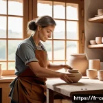 세라믹 교육 커리큘럼 - A serene pottery studio in a French countryside setting, featuring an artisan shaping a symmetrical ...
