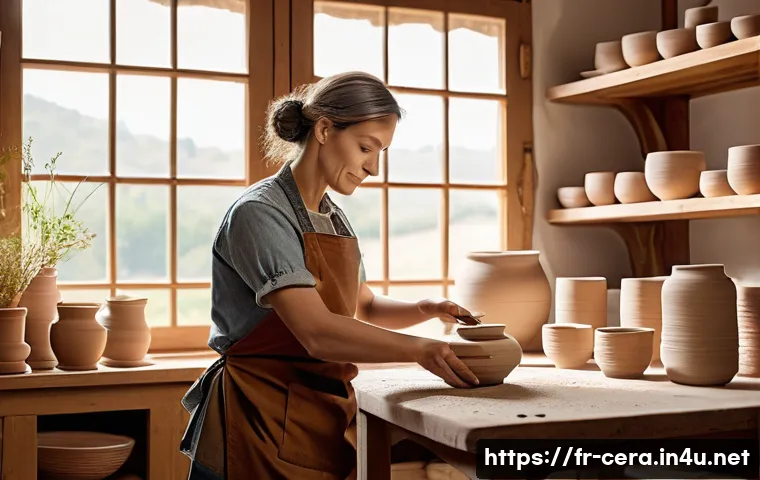 세라믹 교육 커리큘럼 - A serene pottery studio in a French countryside setting, featuring an artisan shaping a symmetrical ...