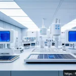 세라믹 재료 특성 및 활용 - A high-tech laboratory scene showcasing advanced ceramic electronic components, such as miniature ca...