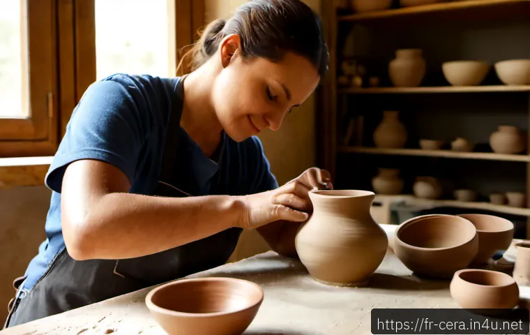 Home 17 세라믹 디자인 교육 과정 - Photorealistic ceramic design course in a bright French artisan studio, an adult student shaping a s...