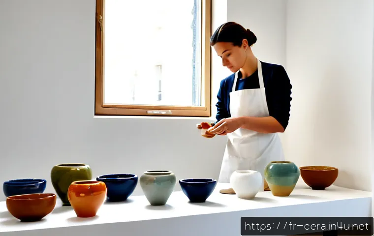 Home 17 세라믹 작품 전시 준비 - Photorealistic French ceramic artist carefully arranging handmade glazed bowls and sculptural vases ...